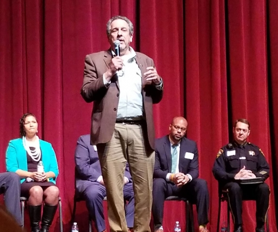 Lenny speaking at public discussion about preserving and protecting immigrant rights in Mountain View, early 2017
