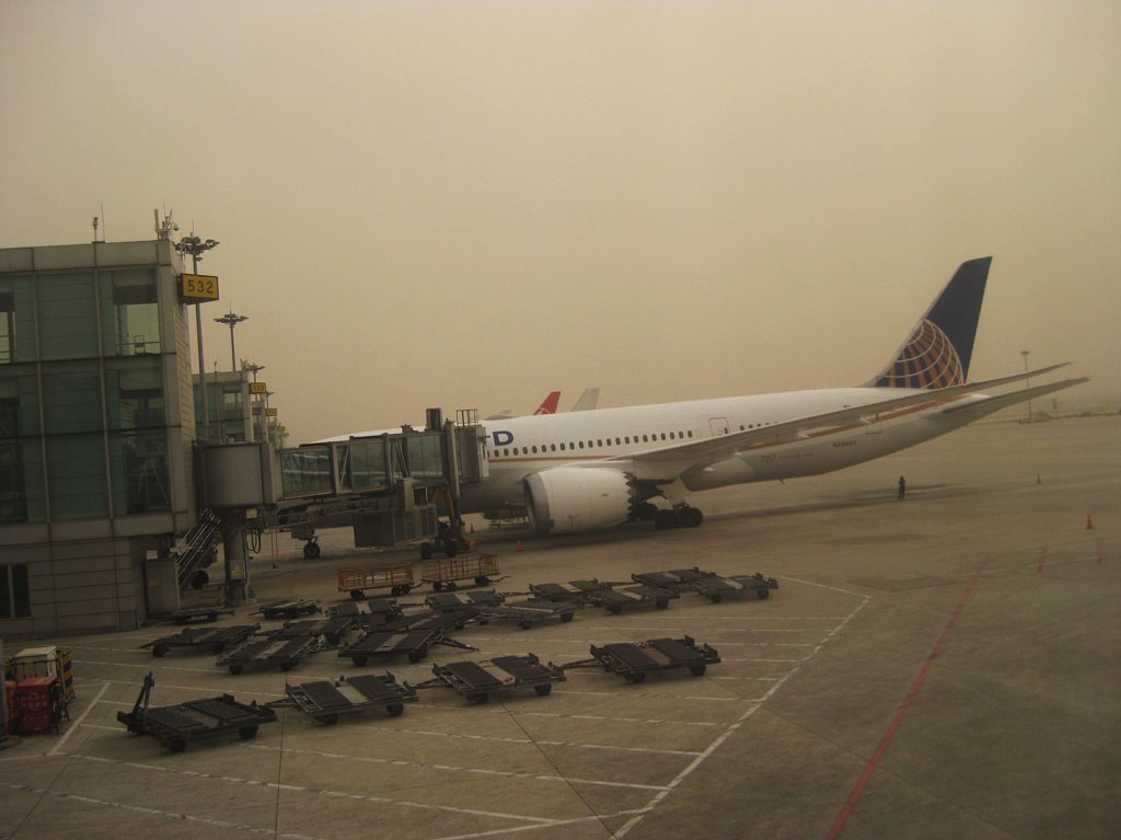 Smoggy sky at the Beijing airport